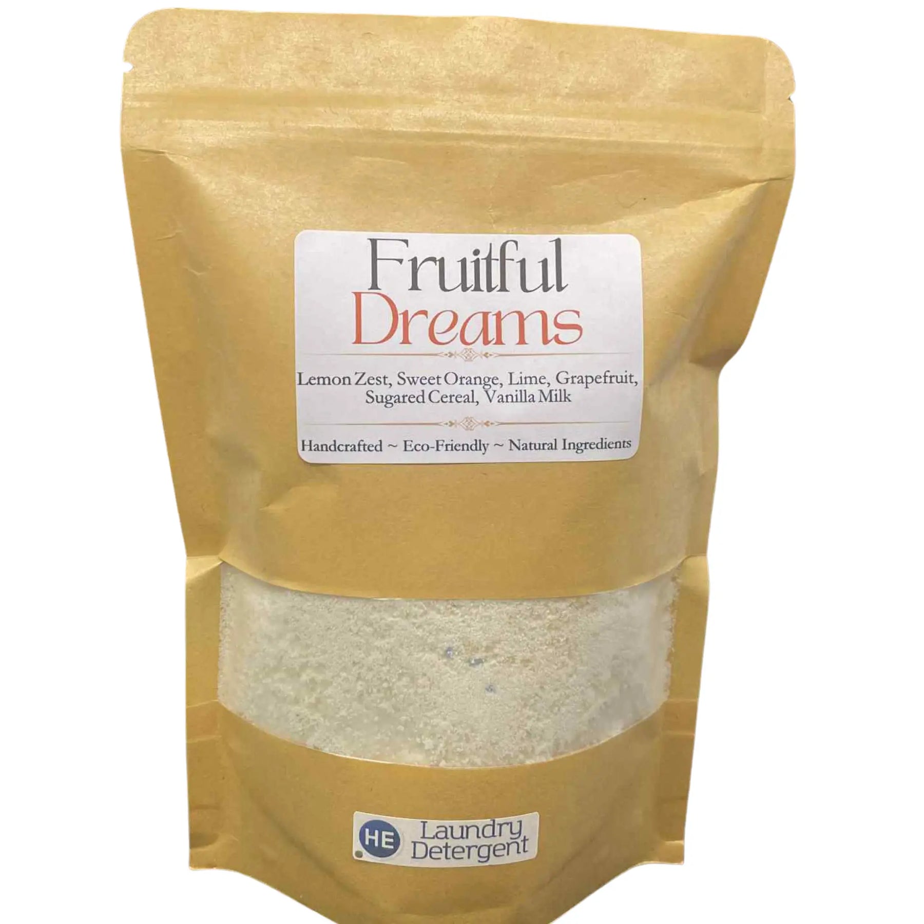 Pouch of laundry detergent with label stating "Fruitful Dreams" and a clear window showing the powder.