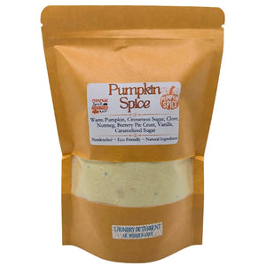 Pumpkin Spice Laundry Detergent in brown paper bag with label showing ingredients, handcrafted, eco-friendly