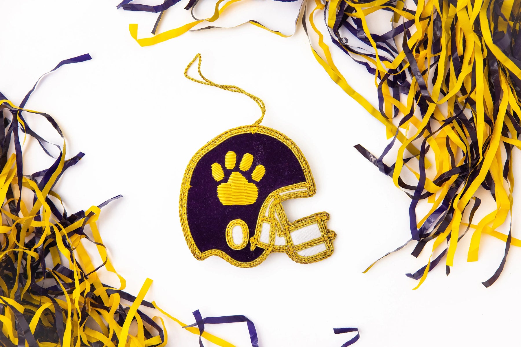 Purple & Gold Football Helmet Embroidered Christmas Ornament by Nola Tawk, Southern home decor detail photo 2