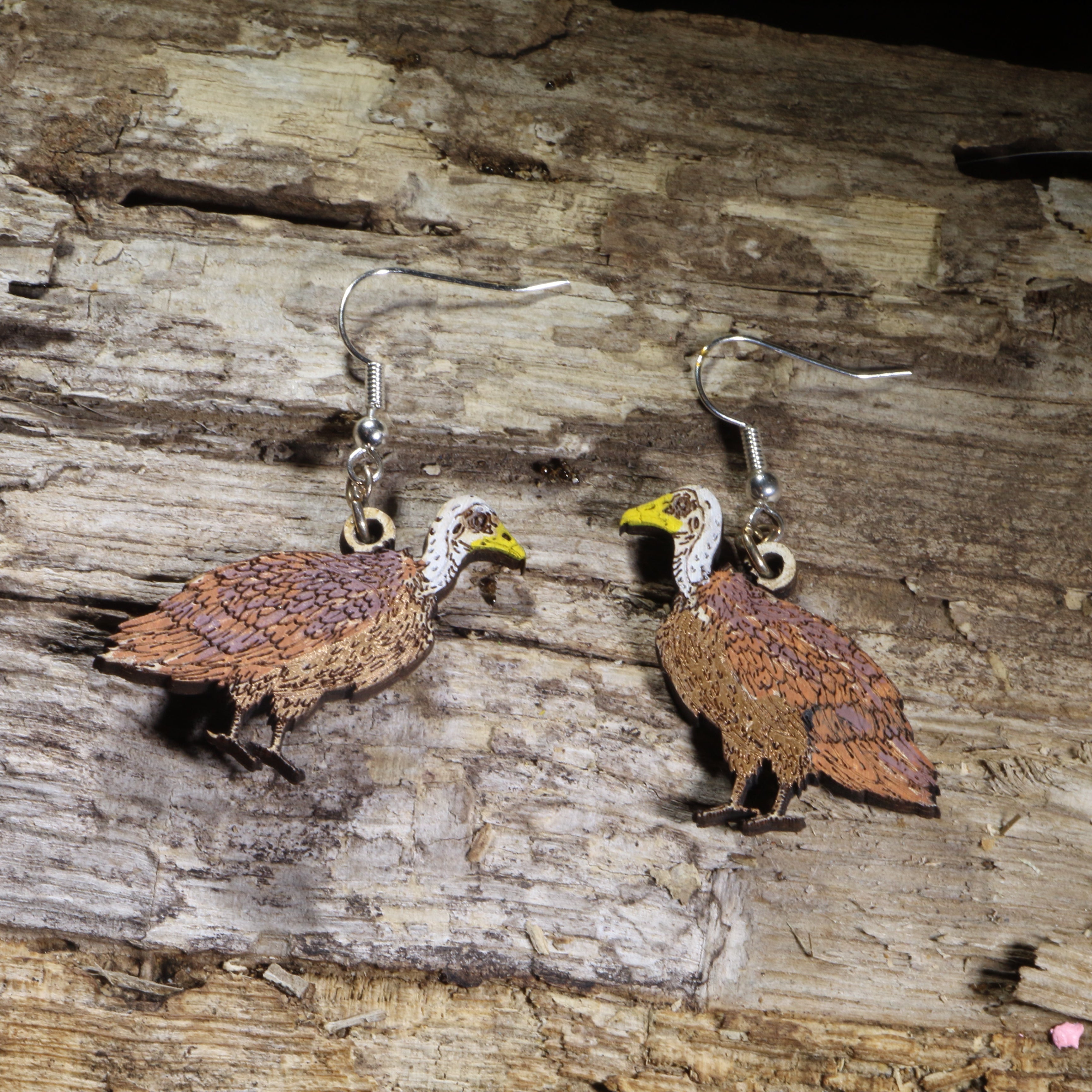 Rüppell's Vulture Wooden Dangle Earrings | Bird of Prey Wildlife Jewelry