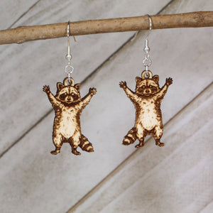 Raccoon Wooden Dangle Earrings | Cute Woodland Animal Jewelry