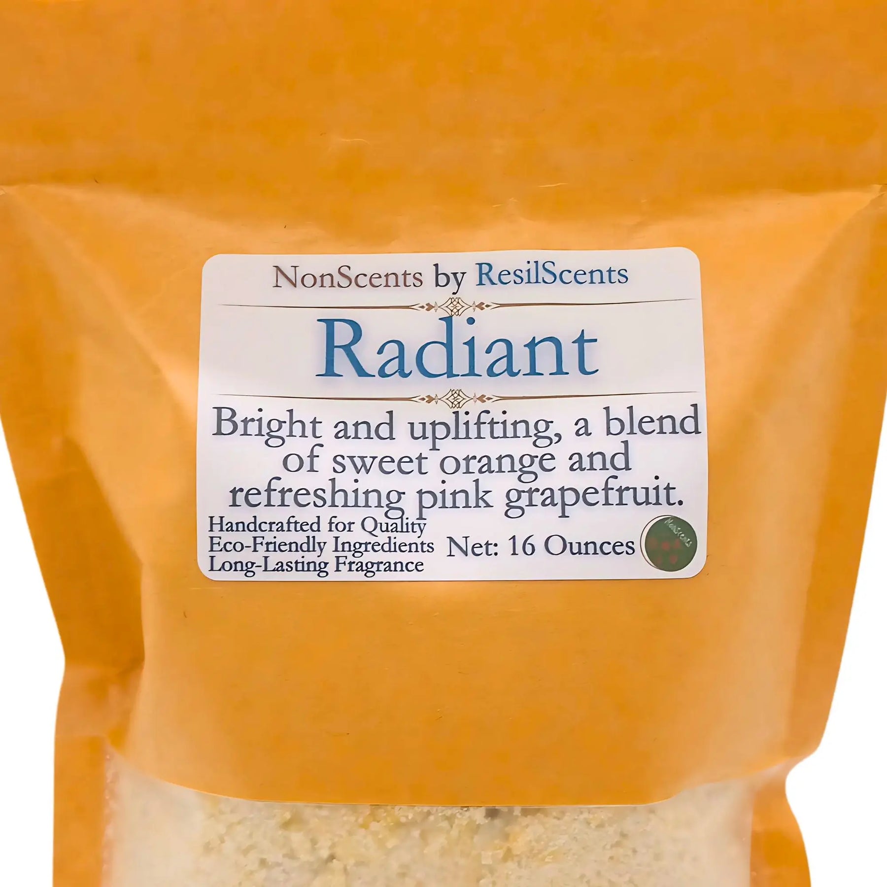 ResilScents Radiant laundry detergent in orange packaging, a citrus scented blend of orange and pink grapefruit for 16 ounces.