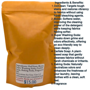 Bag of laundry detergent with ingredients listed: OxiClean, borax, washing soda, soap, baking soda, and fragrance oil.
