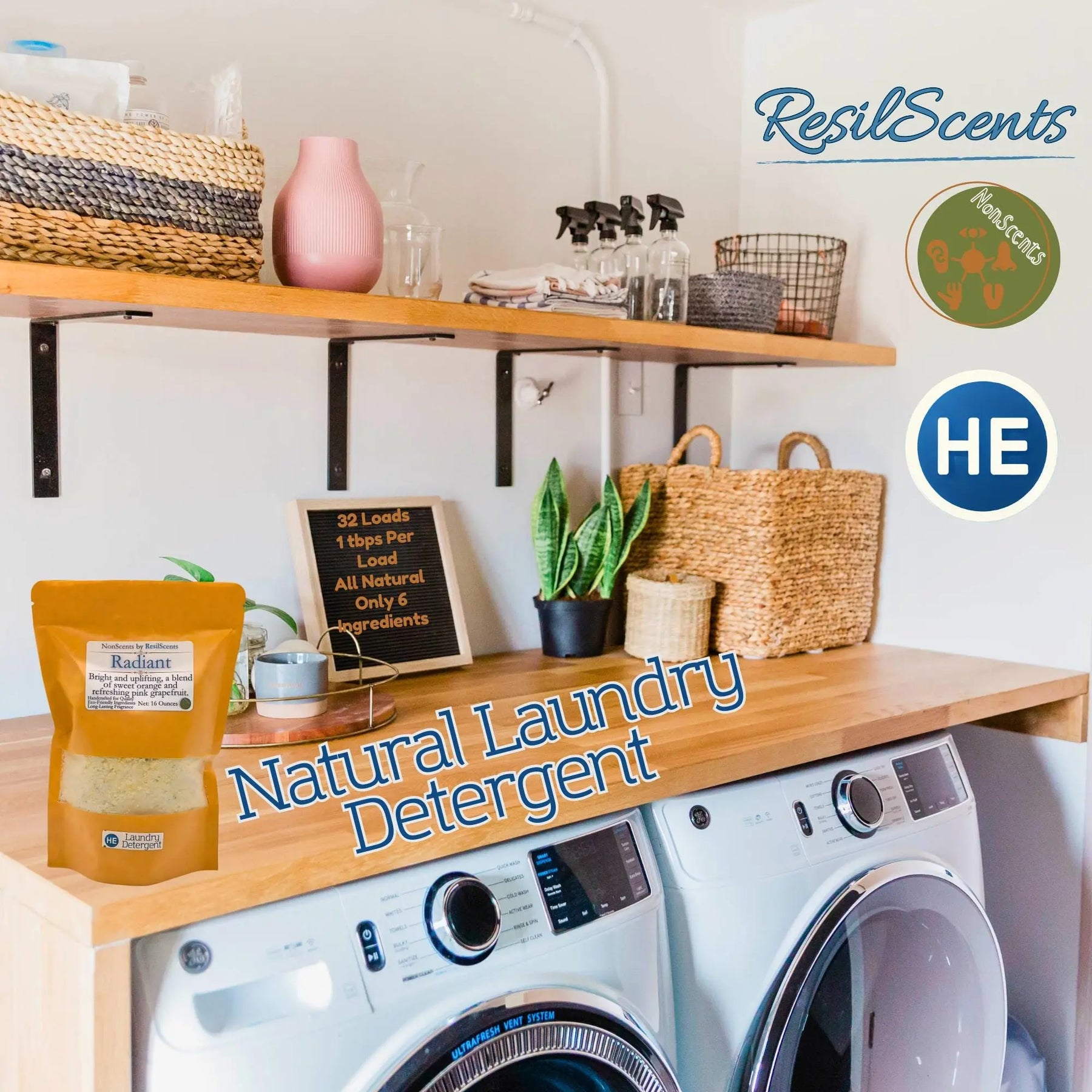 Natural laundry detergent in a yellow bag with a white washing machine and wooden countertop featuring ResilScents branding on a wall.