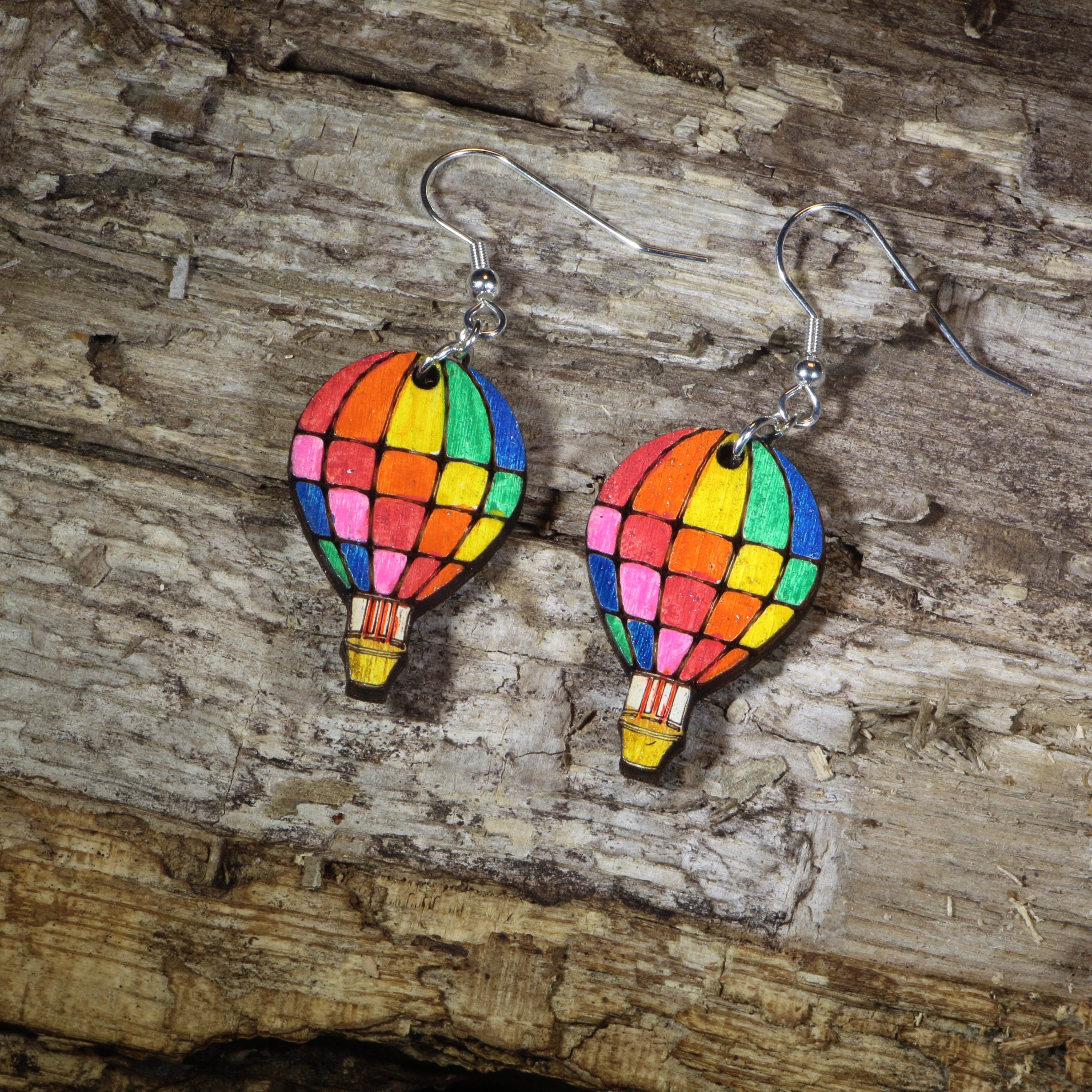 Rainbow Hot Air Balloon Wooden Dangle Earrings | Travel Jewelry