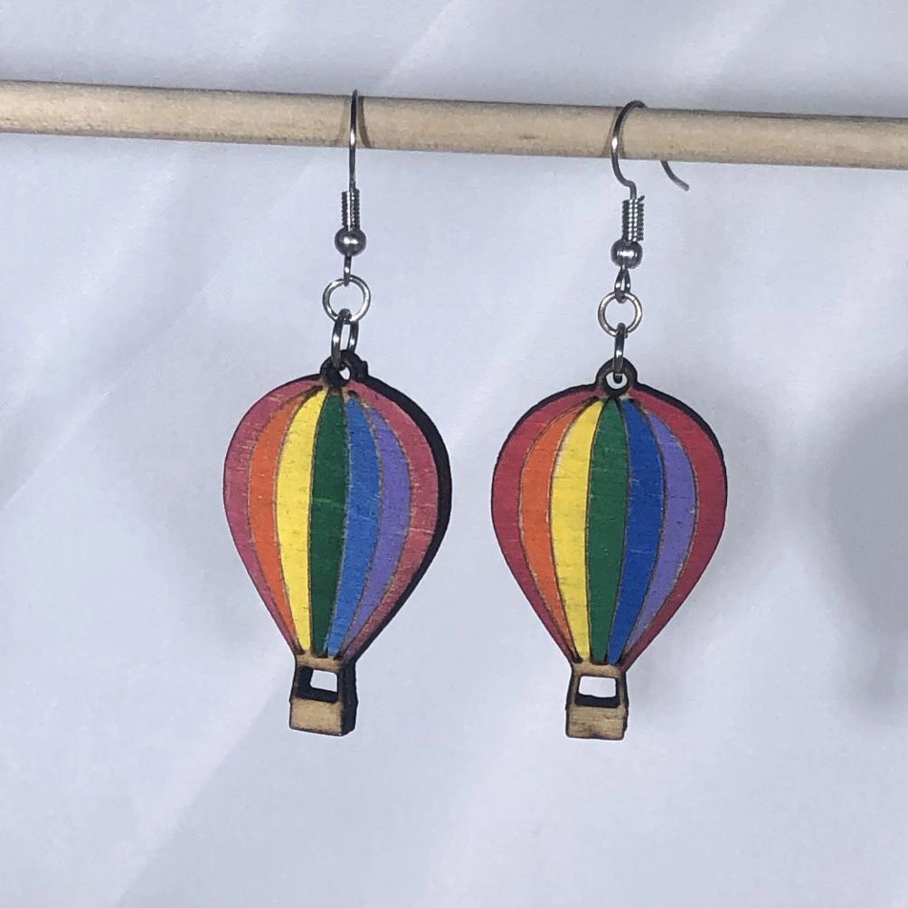 Rainbow Hot Air Balloon Wooden Dangle Earrings | Travel Jewelry by Cate's Concepts, LLC, handmade jewelry main product photo