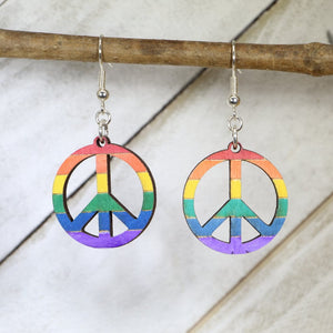 Rainbow Peace Sign Wooden Earrings | Hippie Pride Jewelry