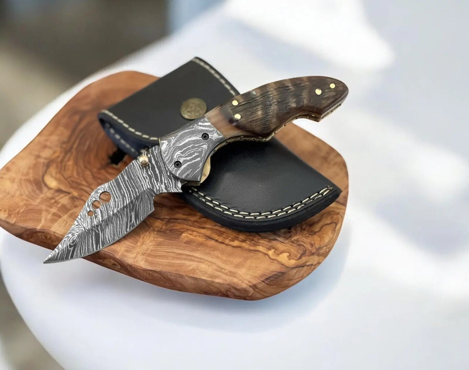 Ram Horn Damascus Pocket Knife – 3" Blade with Leather Case by Damascus Knife Store, Damascus knife main product photo