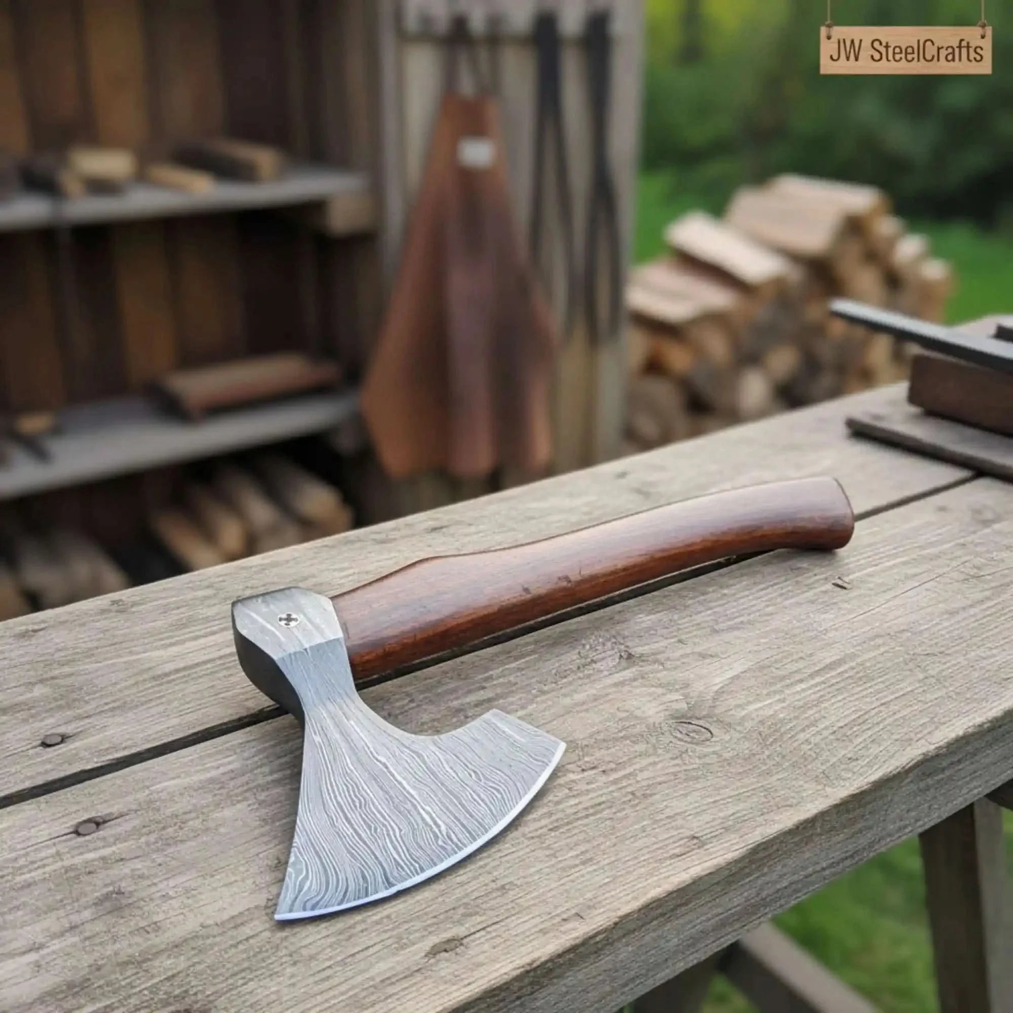 Field Ready Camping Axe, Artisan Pattern Steel Blade, Balanced Wood Handle by JW SteelCrafts, Southern lifestyle apparel main product photo