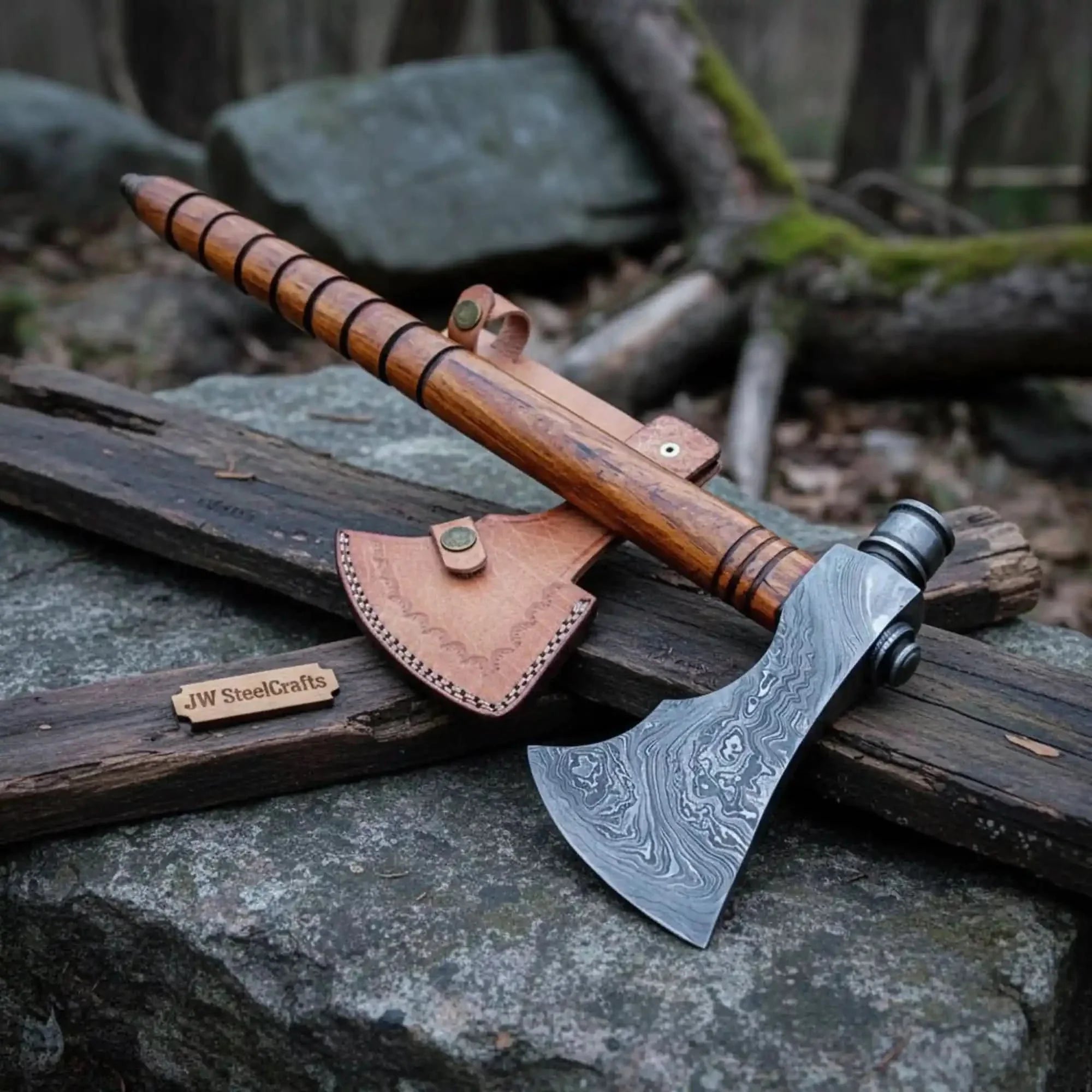 Damascus Smoking Axe with Leather Sheath and Ringed Rosewood Handle by JW SteelCrafts, leather knife sheath detail photo 2