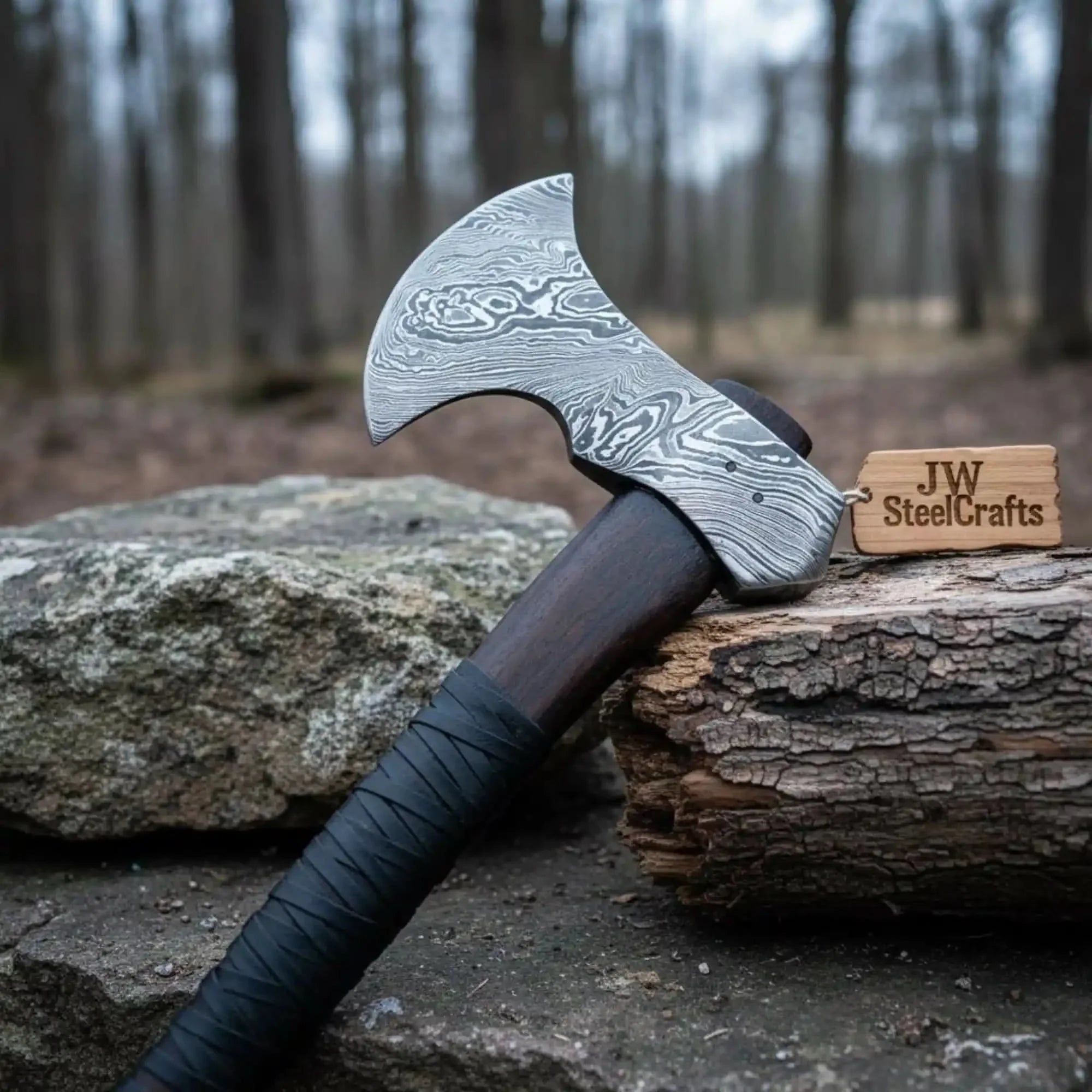 Hand Forged Damascus Steel Hatchet Hawks Tomahawk Axe Rose Wood by JW SteelCrafts, Southern lifestyle apparel detail photo 2