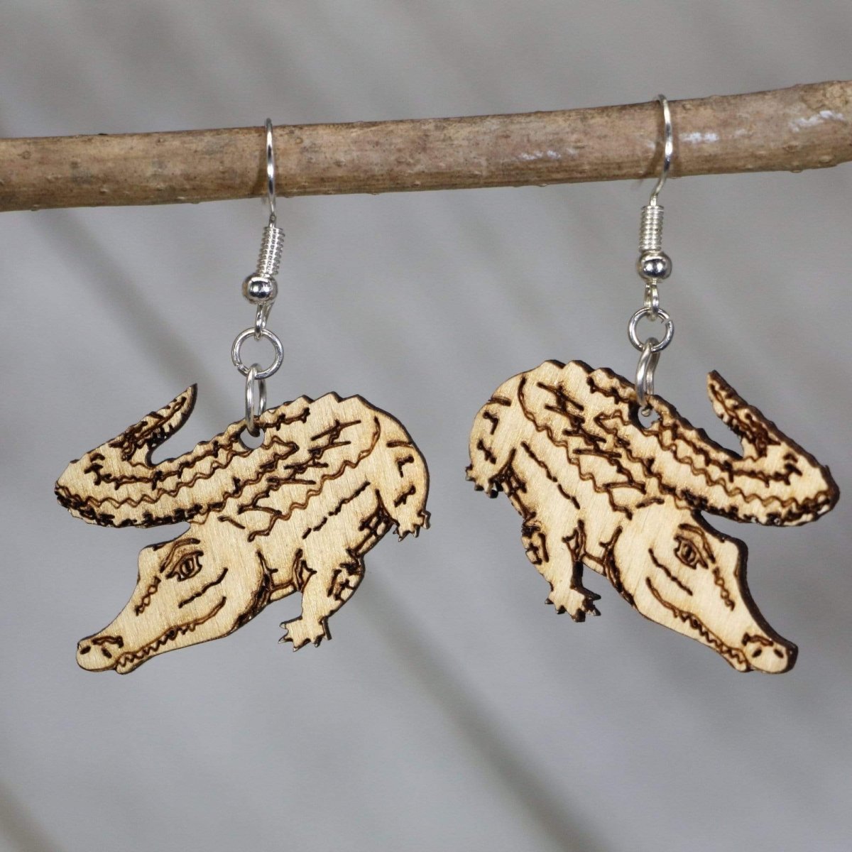 Realistic Alligator Wooden Dangle Earrings | Reptile Jewelry by Cate's Concepts, LLC, handmade jewelry main product photo