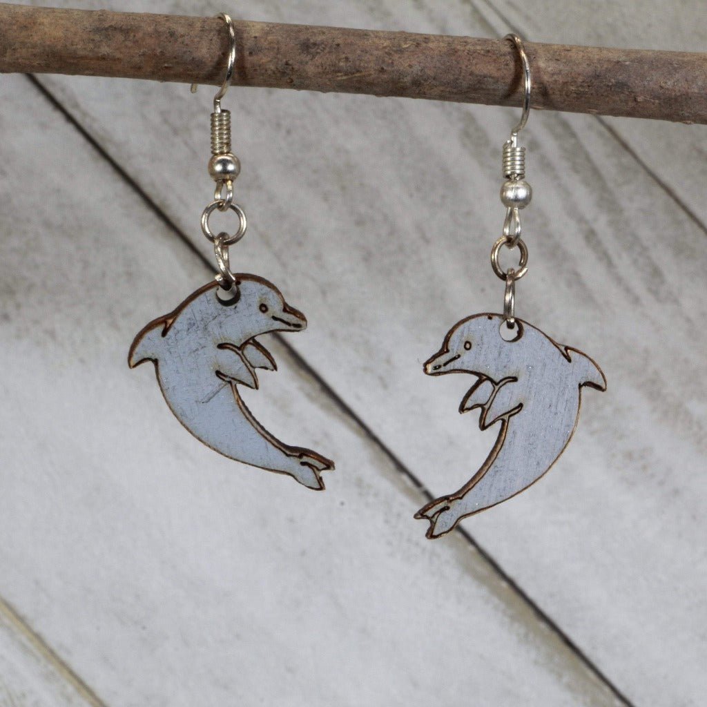 Realistic Dolphin Wooden Dangle Earrings | Ocean Animal Jewelry by Cate's Concepts, LLC, handmade jewelry main product photo