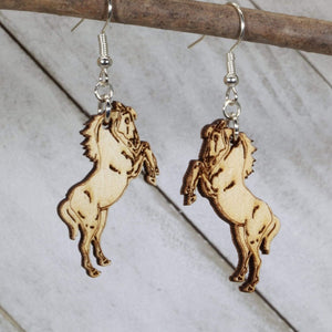 Realistic Mustang Horse Wooden Dangle Earrings | Western Animal Jewelry