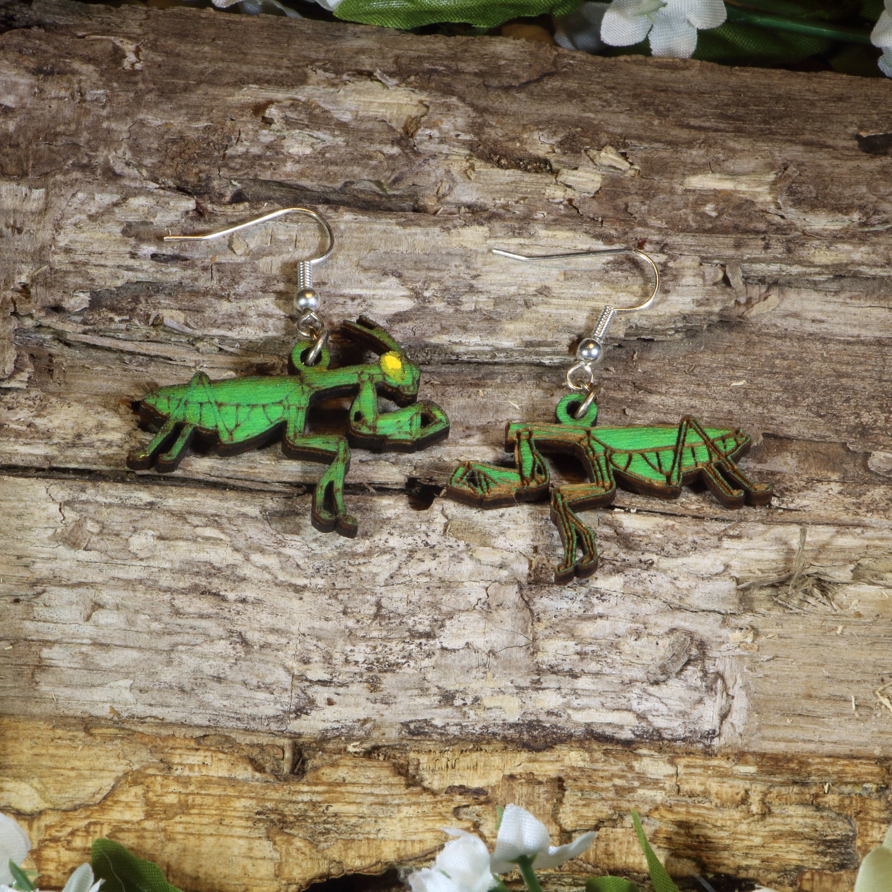 Realistic Praying Mantis Wooden Dangle Earrings | Male & Female Entomology Jewelry