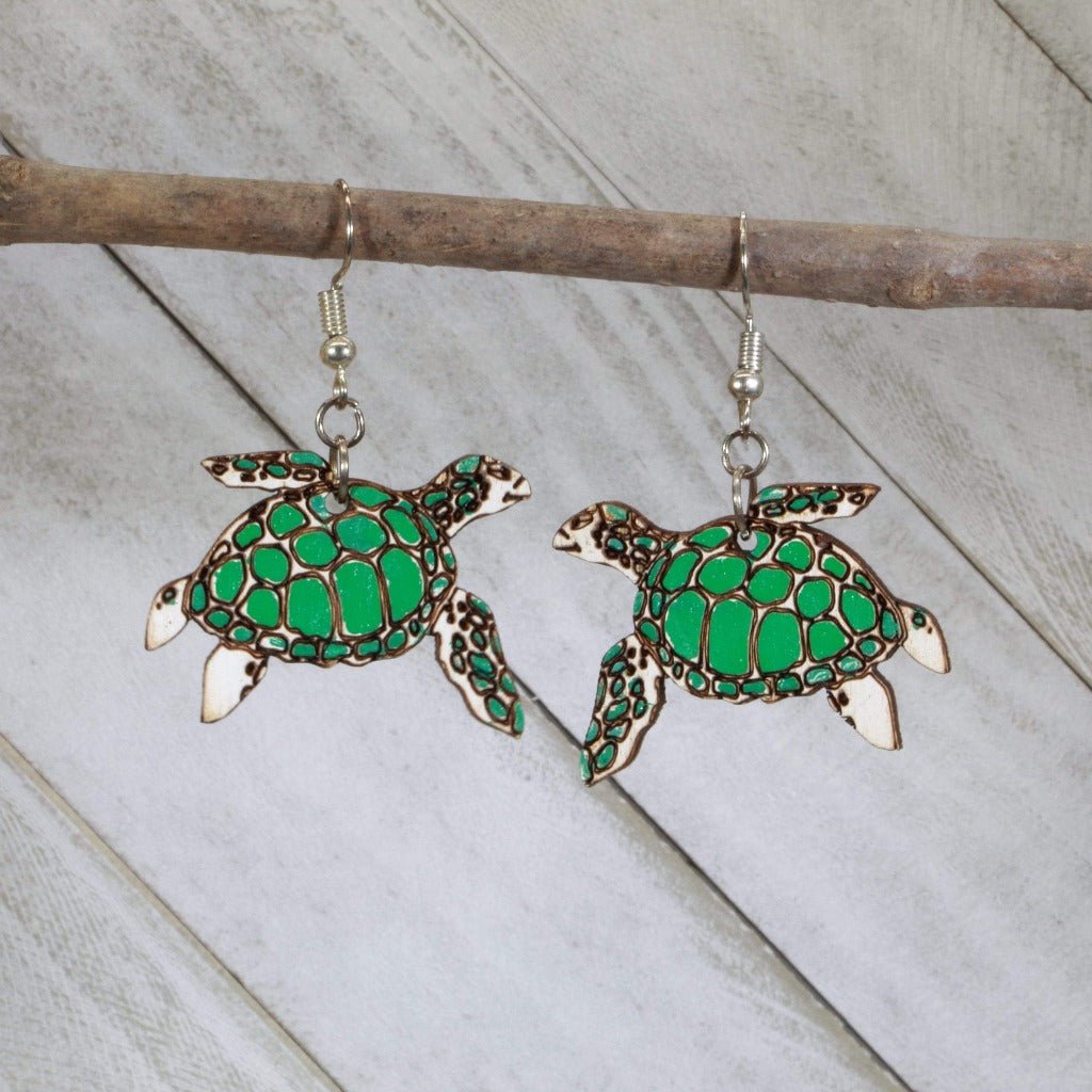 Realistic Sea Turtle Wooden Dangle Earrings | Ocean Jewelry by Cate's Concepts, LLC, handmade jewelry main product photo