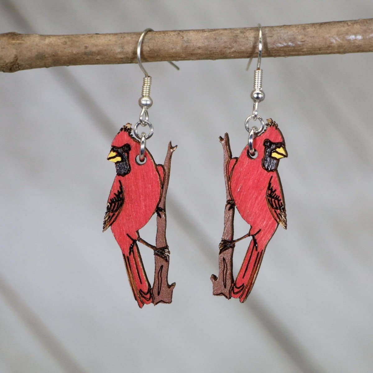 Red Cardinal Wooden Dangle Earrings | Bird Jewelry