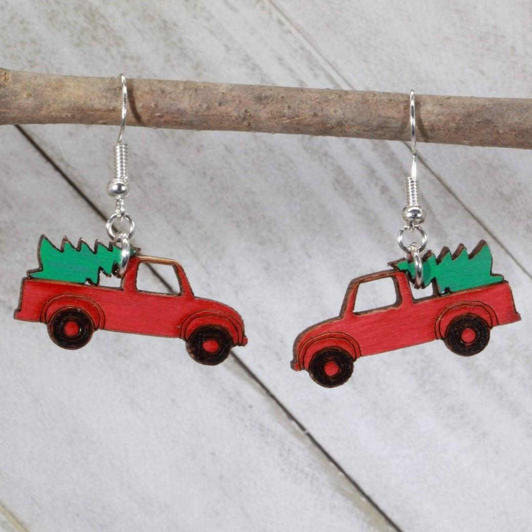 Red Truck Christmas Tree Wooden Dangle Earrings | Holiday Jewelry by Cate's Concepts, LLC, handmade jewelry main product photo