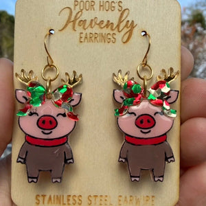 Reindeer Pig Christmas Earrings by Poor Hog Customs, handmade jewelry main product photo