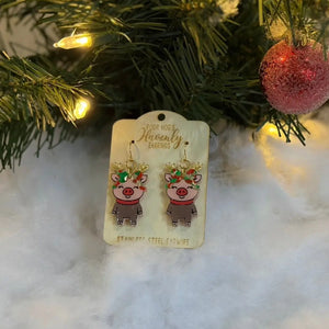 Reindeer Pig Christmas Earrings by Poor Hog Customs, handmade jewelry detail photo 3