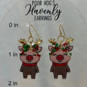 Reindeer Pig Christmas Earrings by Poor Hog Customs, handmade jewelry detail photo 4