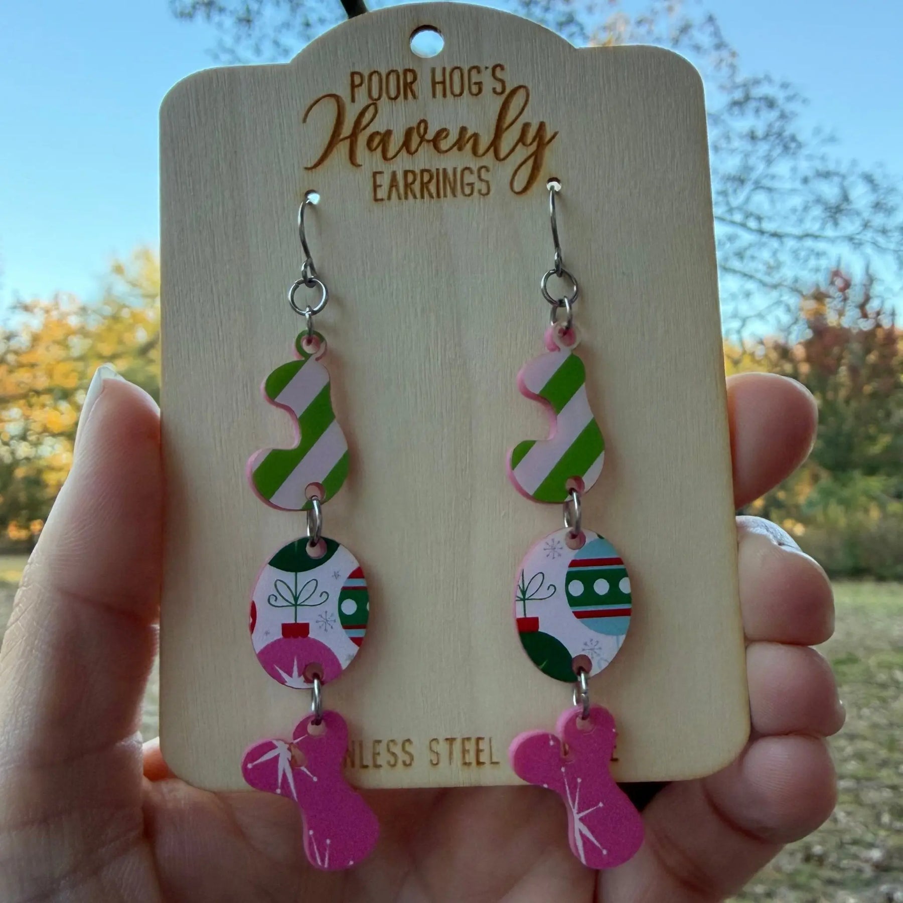 Retro JOY Christmas Earrings by Poor Hog Customs, handmade jewelry main product photo