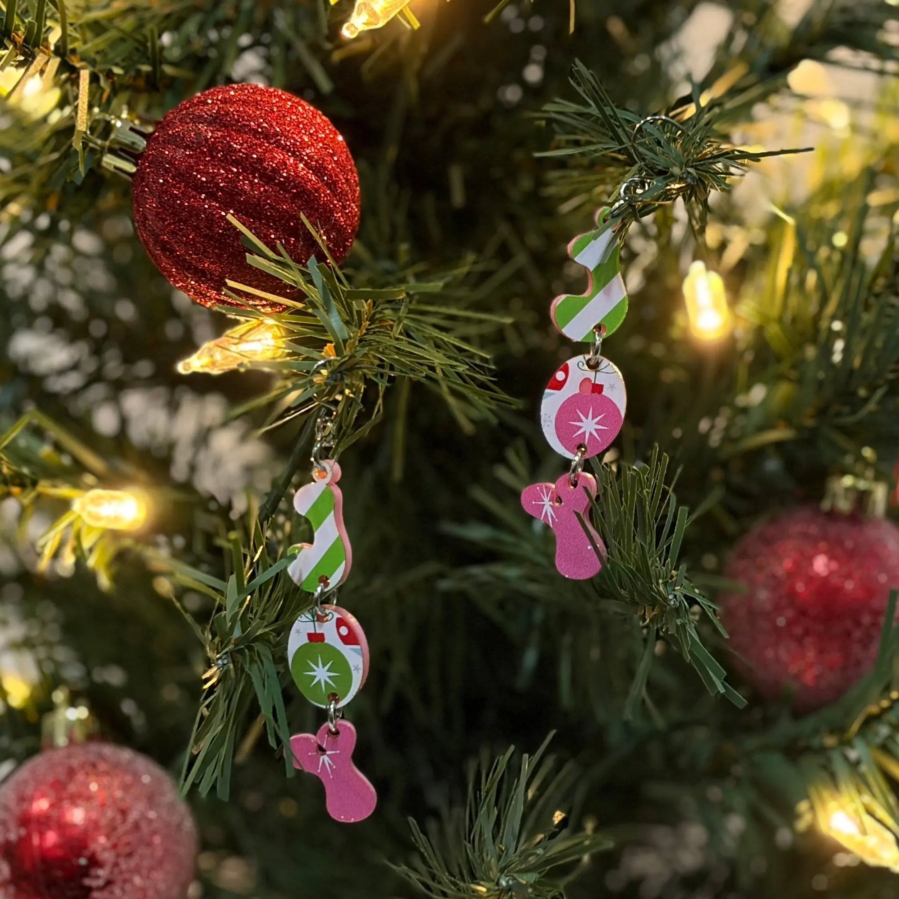 Retro JOY Christmas Earrings by Poor Hog Customs, handmade jewelry detail photo 5