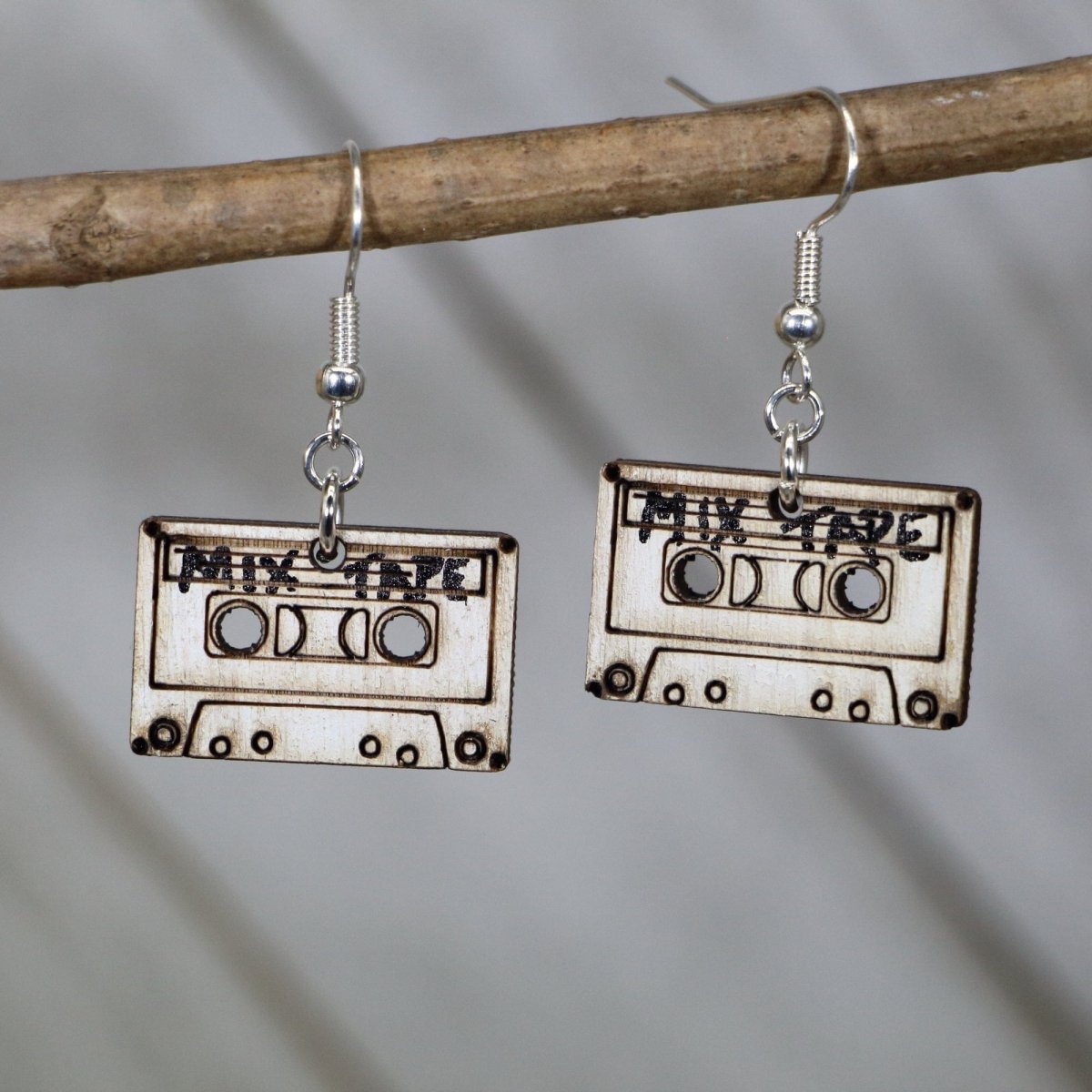 Retro Cassette Tape Wooden Dangle Earrings | Vintage Music Jewelry by Cate's Concepts, LLC, handmade jewelry main product photo