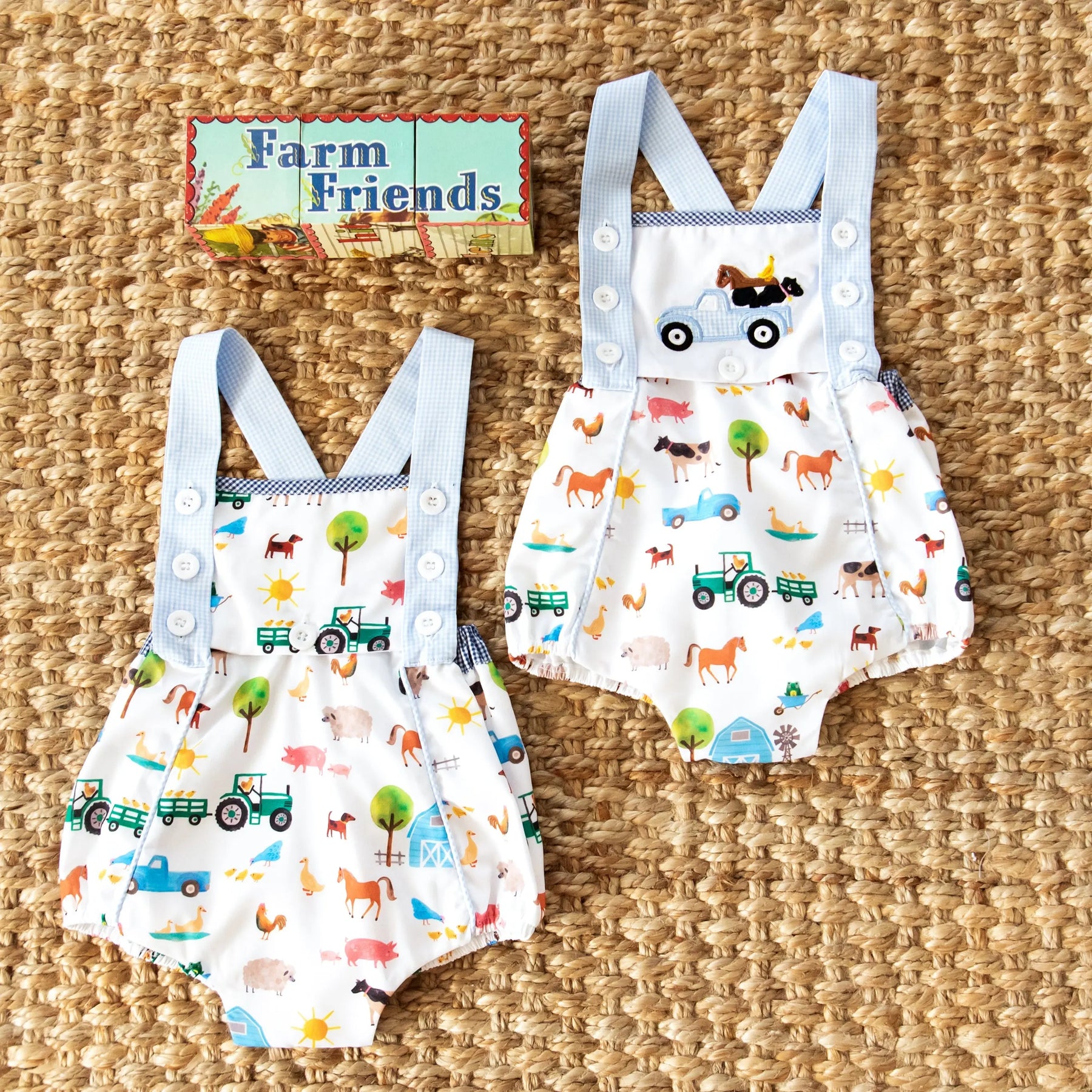 Reversible Farm Truck Sunsuit by Seven Lantern Lane, children's boutique clothing main product photo