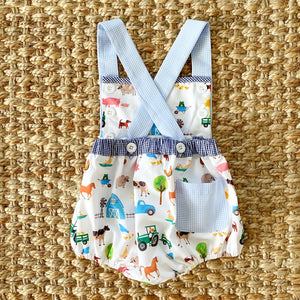 Reversible Farm Truck Sunsuit by Seven Lantern Lane, children's boutique clothing detail photo 2