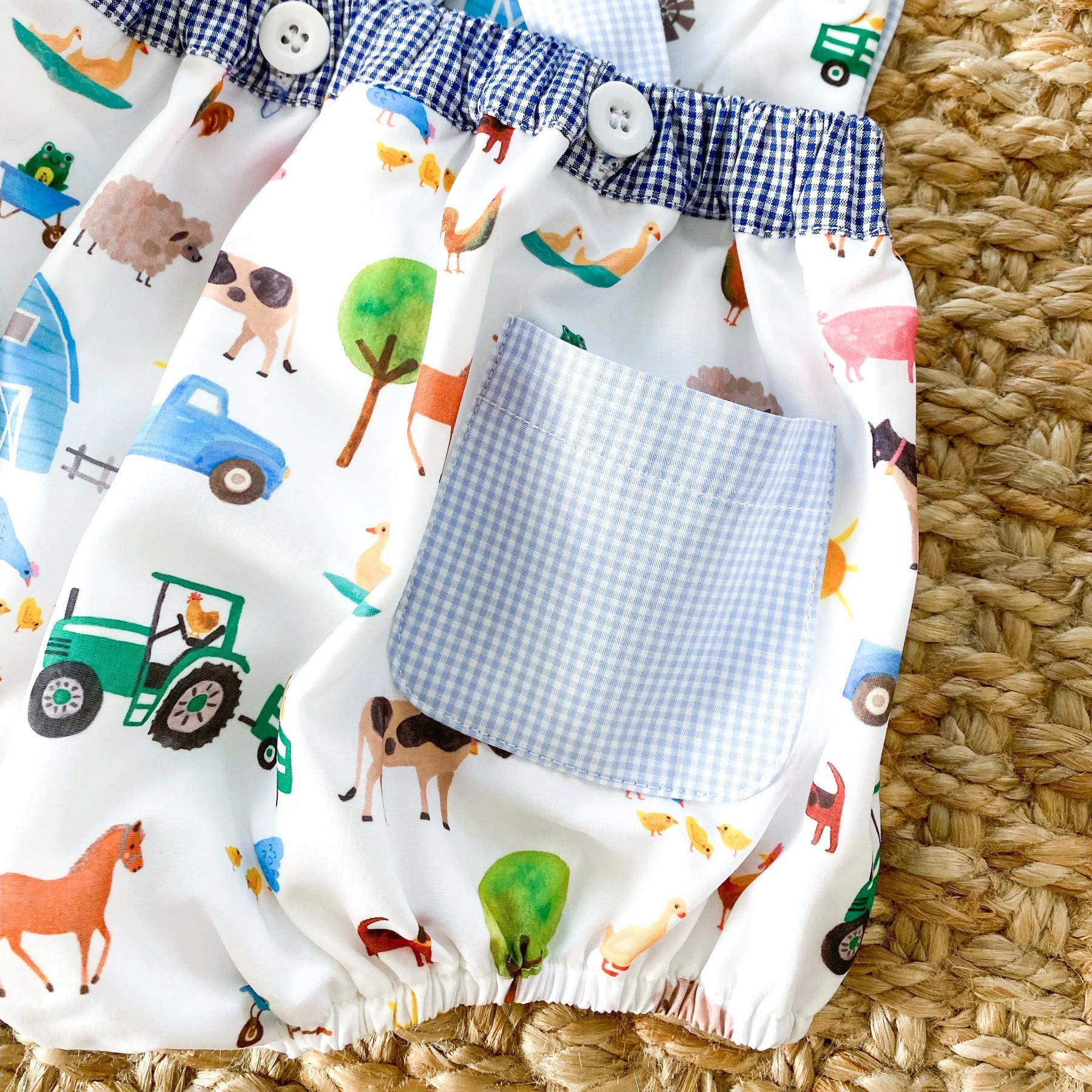 Reversible Farm Truck Sunsuit by Seven Lantern Lane, children's boutique clothing detail photo 3