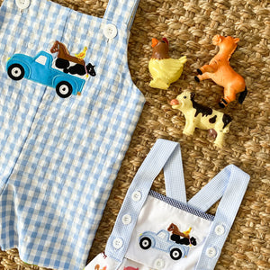 Reversible Farm Truck Sunsuit by Seven Lantern Lane, children's boutique clothing detail photo 8