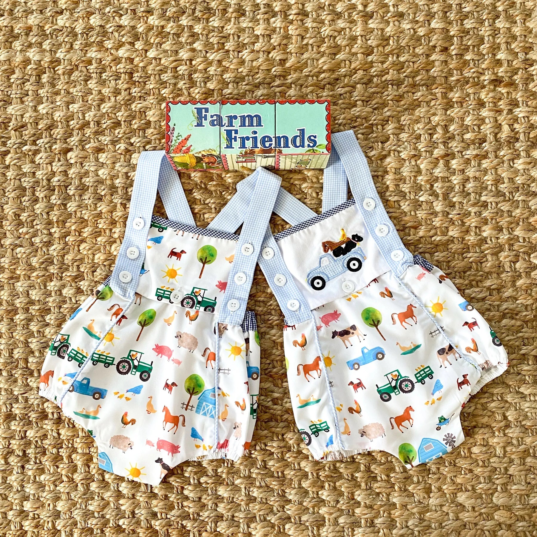 Reversible Farm Truck Sunsuit by Seven Lantern Lane, children's boutique clothing detail photo 9