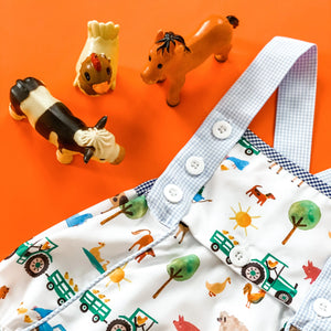Reversible Farm Truck Sunsuit by Seven Lantern Lane, children's boutique clothing detail photo 11