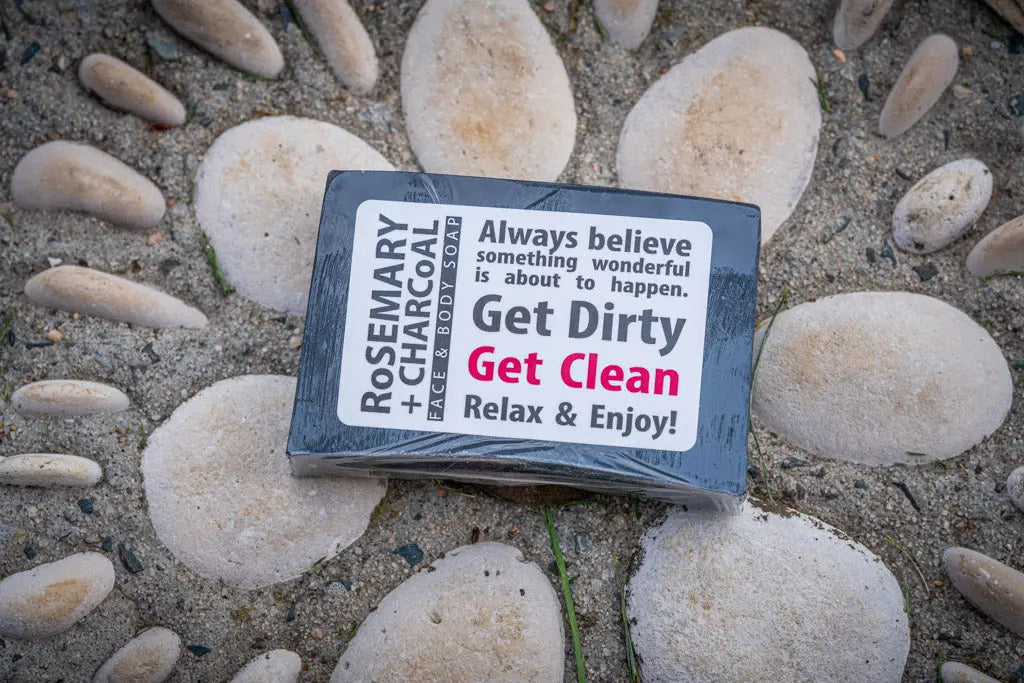 Rosemary + Charcoal Face & Body Soap 5 Oz by Essential Journeys, natural skincare detail photo 2