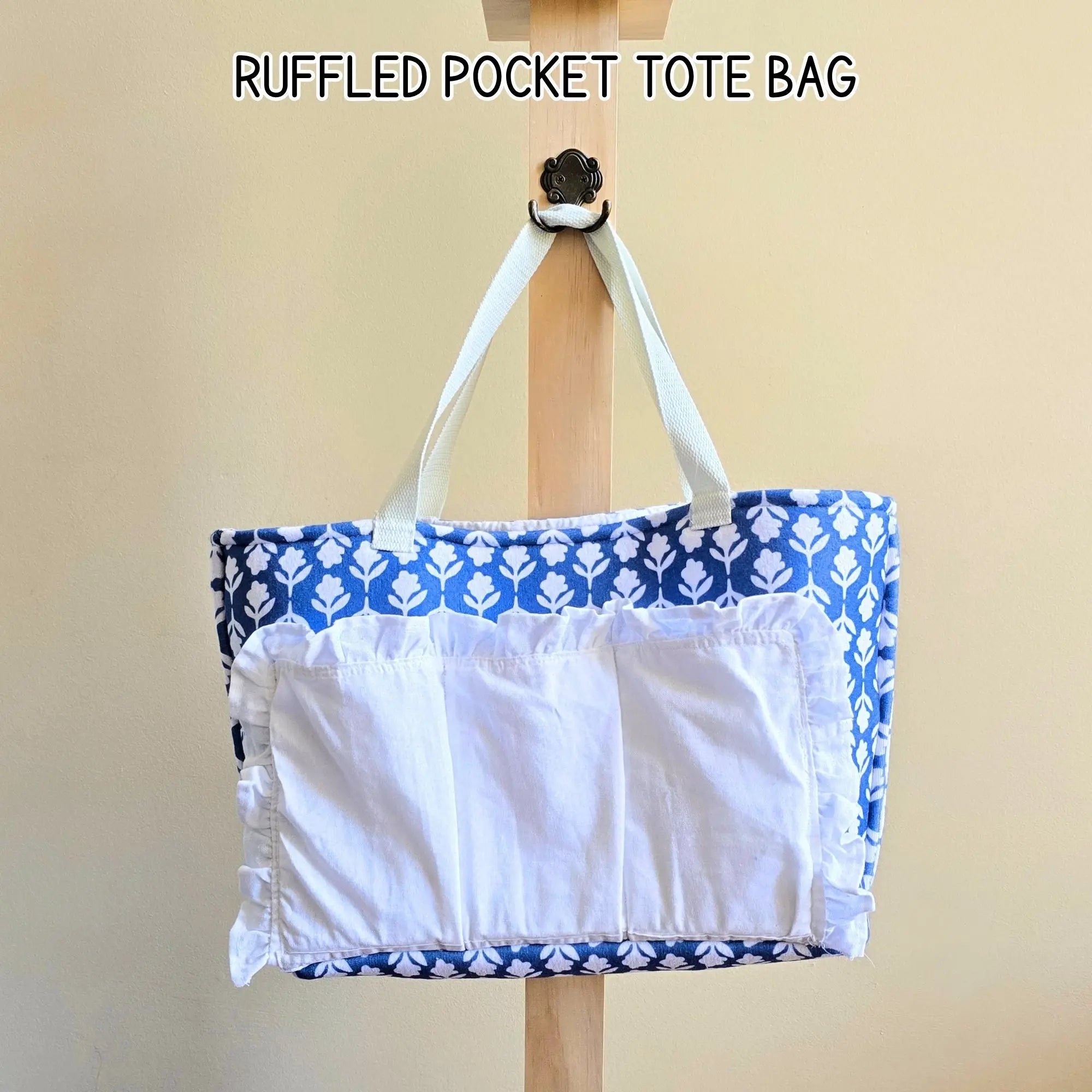 Ruffled Pocket Tote Bag, Blue Floral Tote, Coquette Tote Bag, Cottagecore Purse, Handmade Shoulder Bag, Organizer Tote, Gift for Her Maypop House Designs