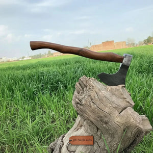 Matching Pair of Hand-Forged Damascus Bearded Axes with Curved Rosewood Handles