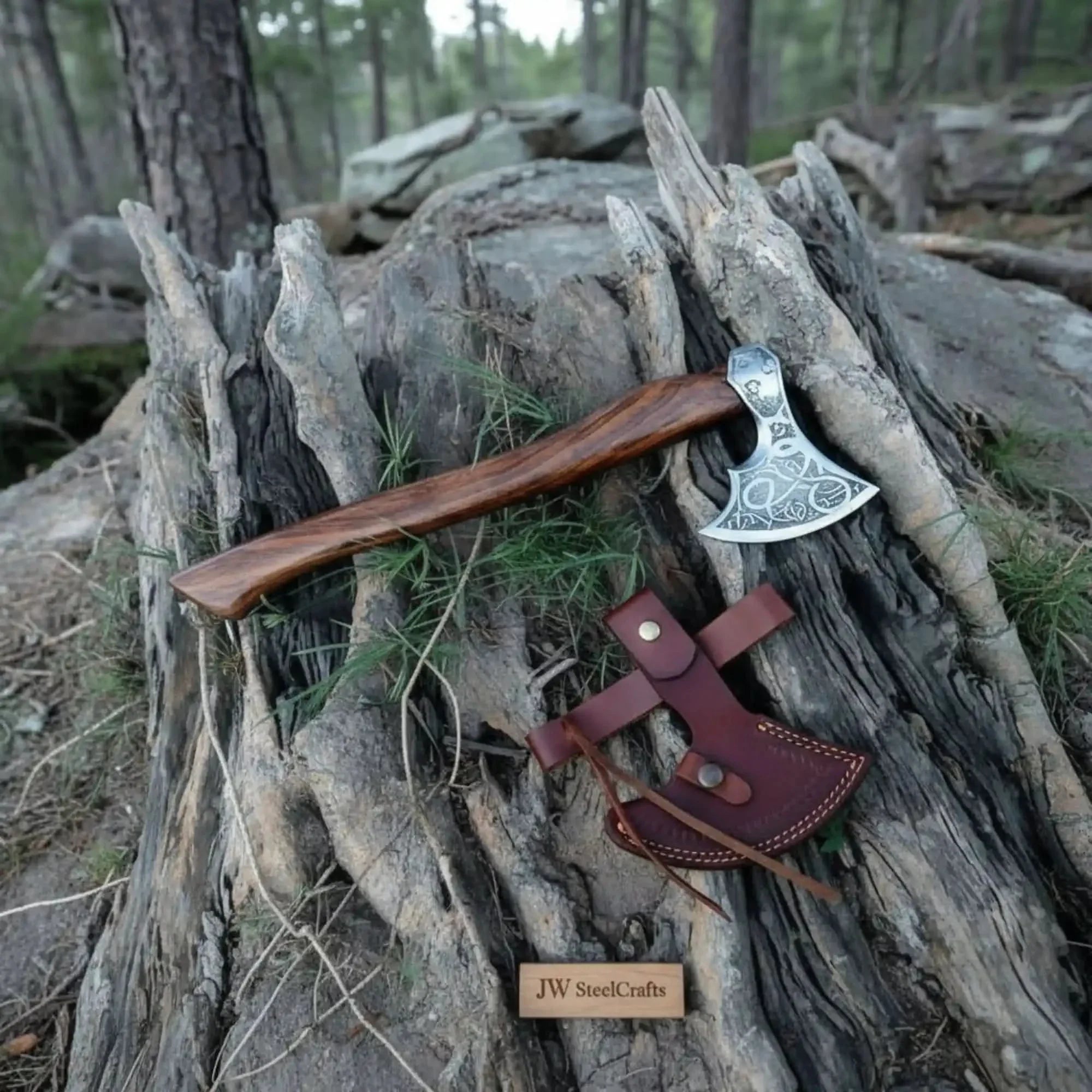 Carbon Steel Viking Bearded Axe – Hand Engraved Norse Skeggøx with Hardwood Handle, Functional Bushcraft and Camping Hatchet | JW SteelCrafts by JW SteelCrafts, Southern