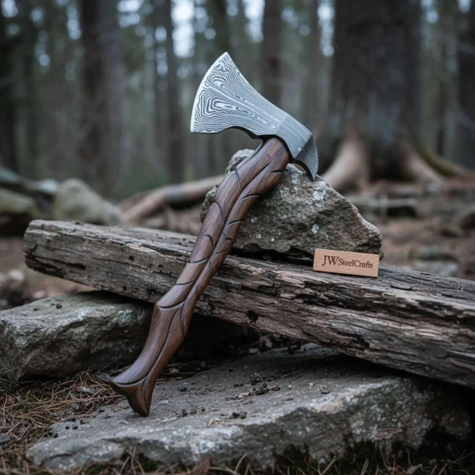 Hand-Forged Damascus Viking Axe – Carved Hardwood Handle | Bushcraft, Camping & Display Collectible by JW SteelCrafts, Southern handmade gift detail photo 2