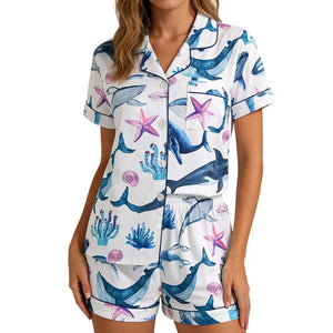 Ocean Whale & Starfish Print Pajama Set — Short Sleeve Lapel Top & Shorts Loungewear for Women by The Mississippi Mermaid