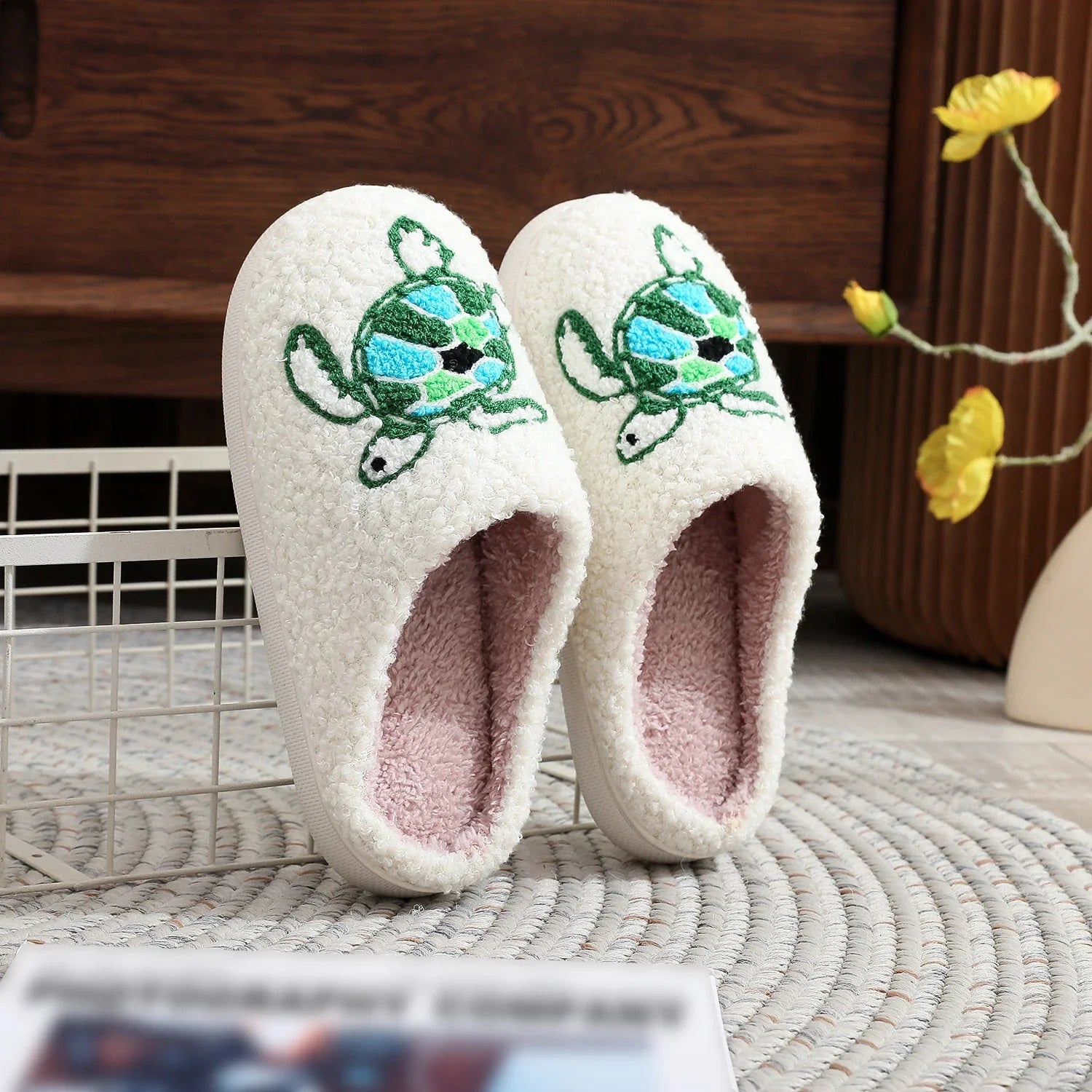 Sea Turtle Embroidered Plush Slippers — Cozy Coastal Indoor House Shoes by The Mississippi Mermaid Mercantile - view 2