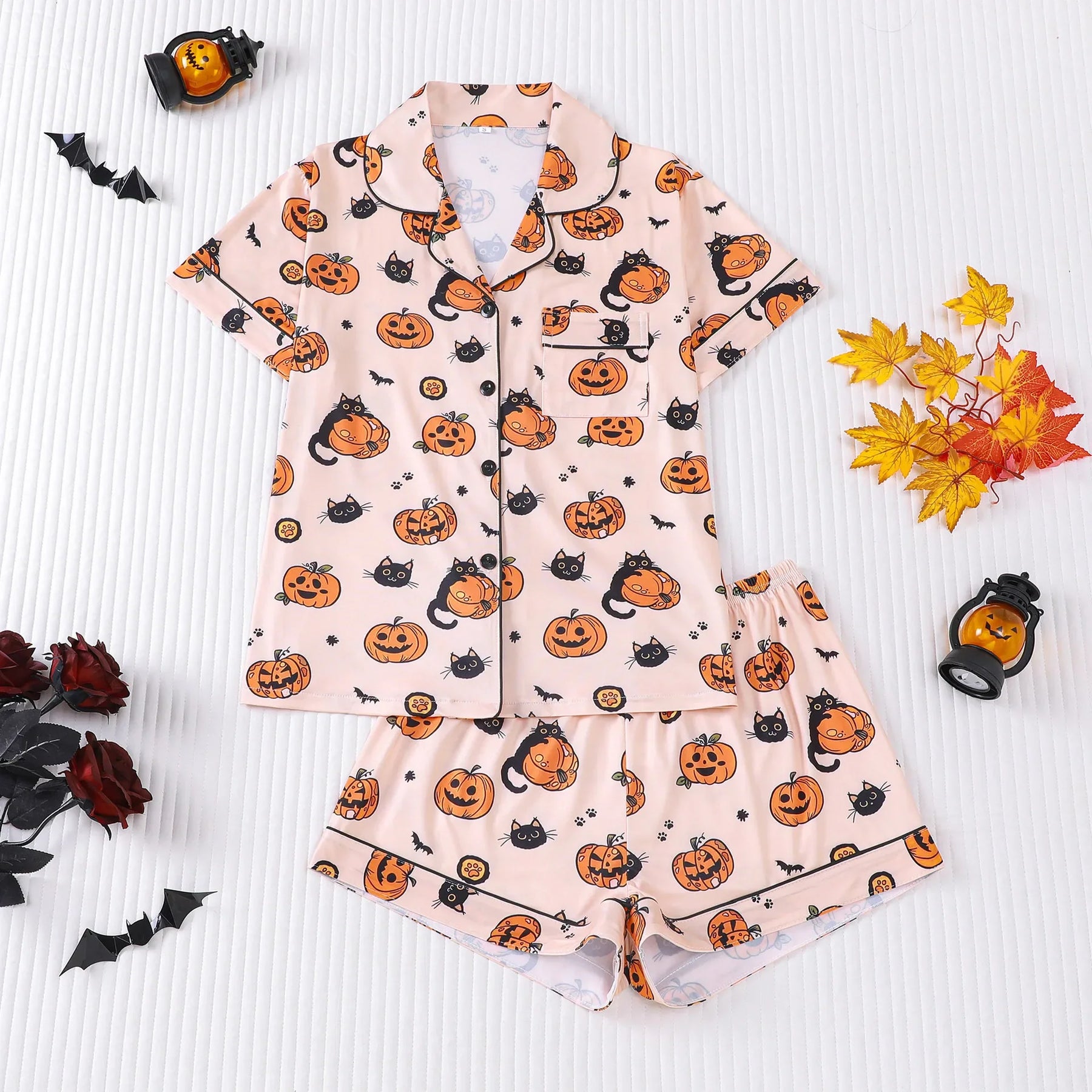 Halloween Ghost & Pumpkin Women's Pajama Set — Short Sleeve Top & Shorts by The Mississippi Mermaid Mercantile - view 11
