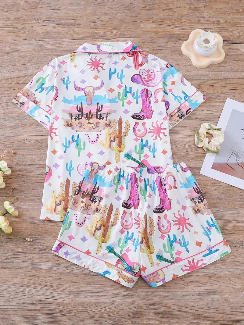 Boots Scootin' Women's Pajama Set — Button-Down Top & Shorts with Cowgirl & Cactus Print by The Mississippi Mermaid