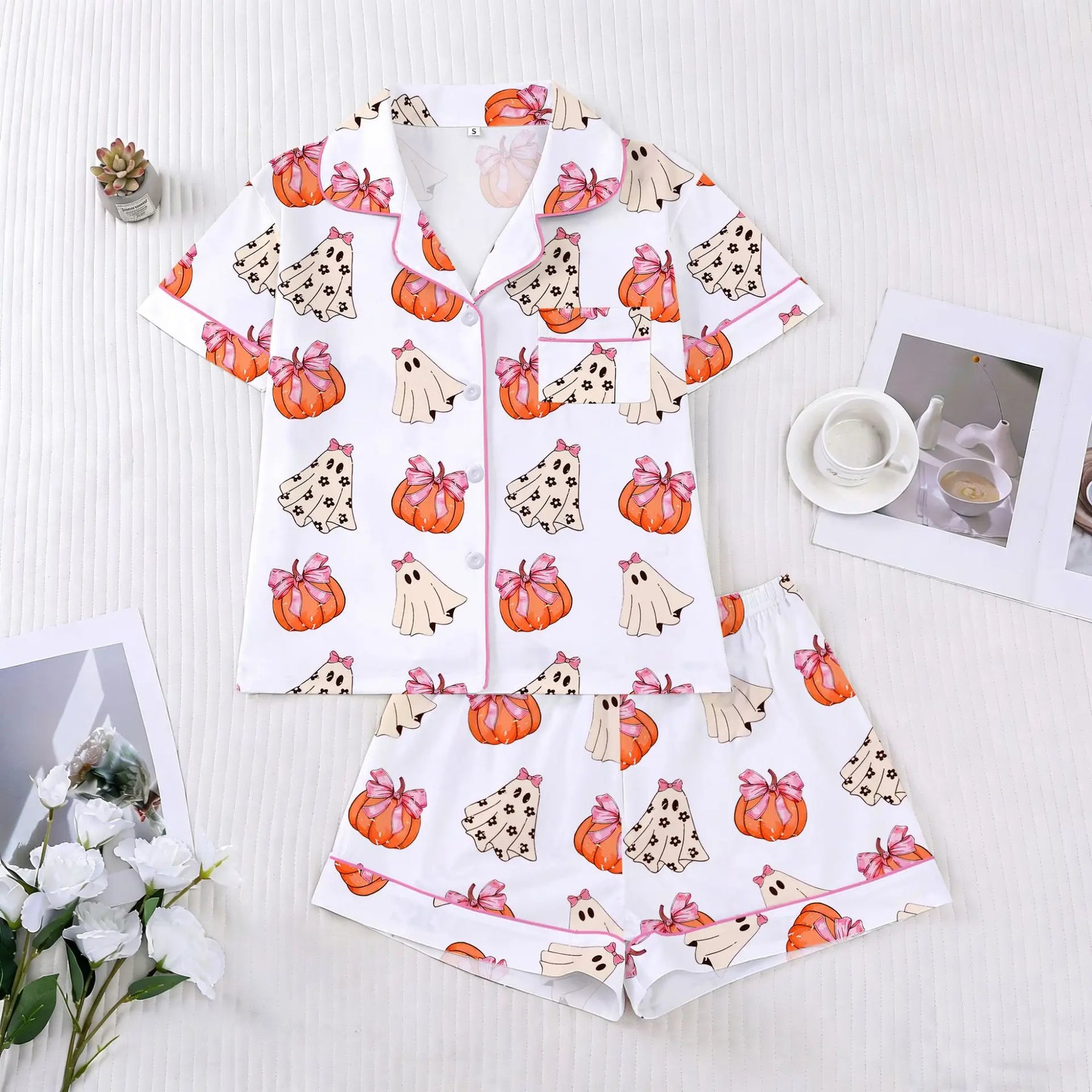 Halloween Ghost & Pumpkin Women's Pajama Set — Short Sleeve Top & Shorts by The Mississippi Mermaid Mercantile - view 8