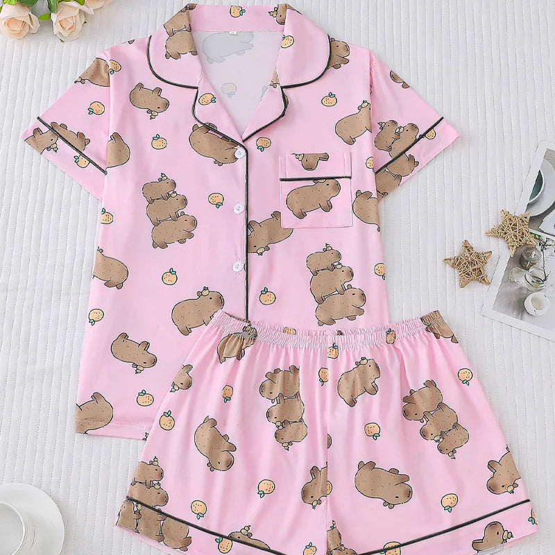 Capybara & Orange Women's Pajama Set — Short Sleeve Top & Shorts by The Mississippi Mermaid Mercantile - view 6