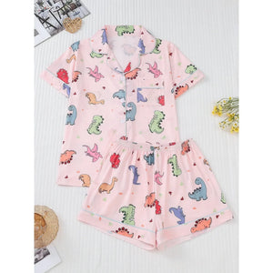 Cartoon Dinosaur Print Women's Pajama Set — Short Sleeve Top & Shorts by The Mississippi Mermaid Mercantile