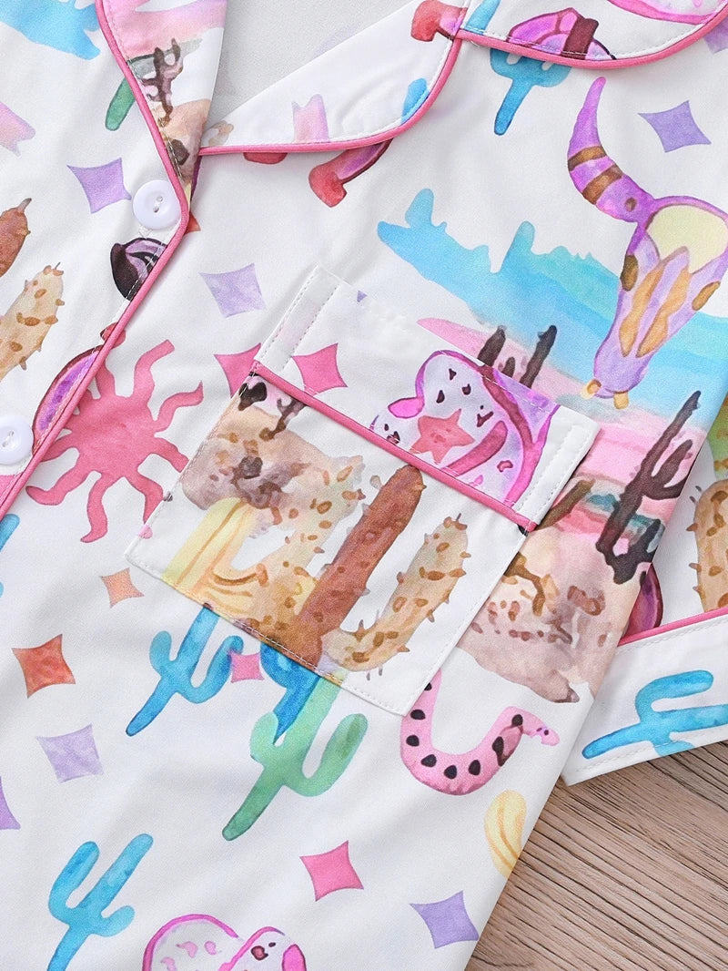 Boots Scootin' Women's Pajama Set — Button-Down Top & Shorts with Cowgirl & Cactus Print by The Mississippi Mermaid
