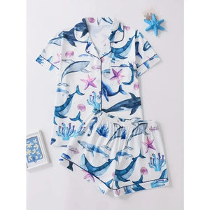 Ocean Whale & Starfish Print Pajama Set — Short Sleeve Lapel Top & Shorts Loungewear for Women by The Mississippi Mermaid