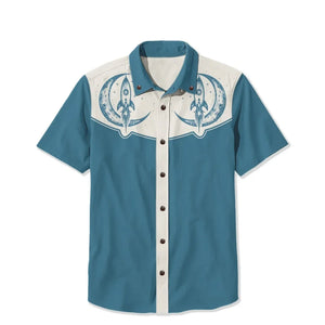 Retro Rocket Moon Men's Shirt — Space Print Camp Collar Button-Down by The Mississippi Mermaid Mercantile