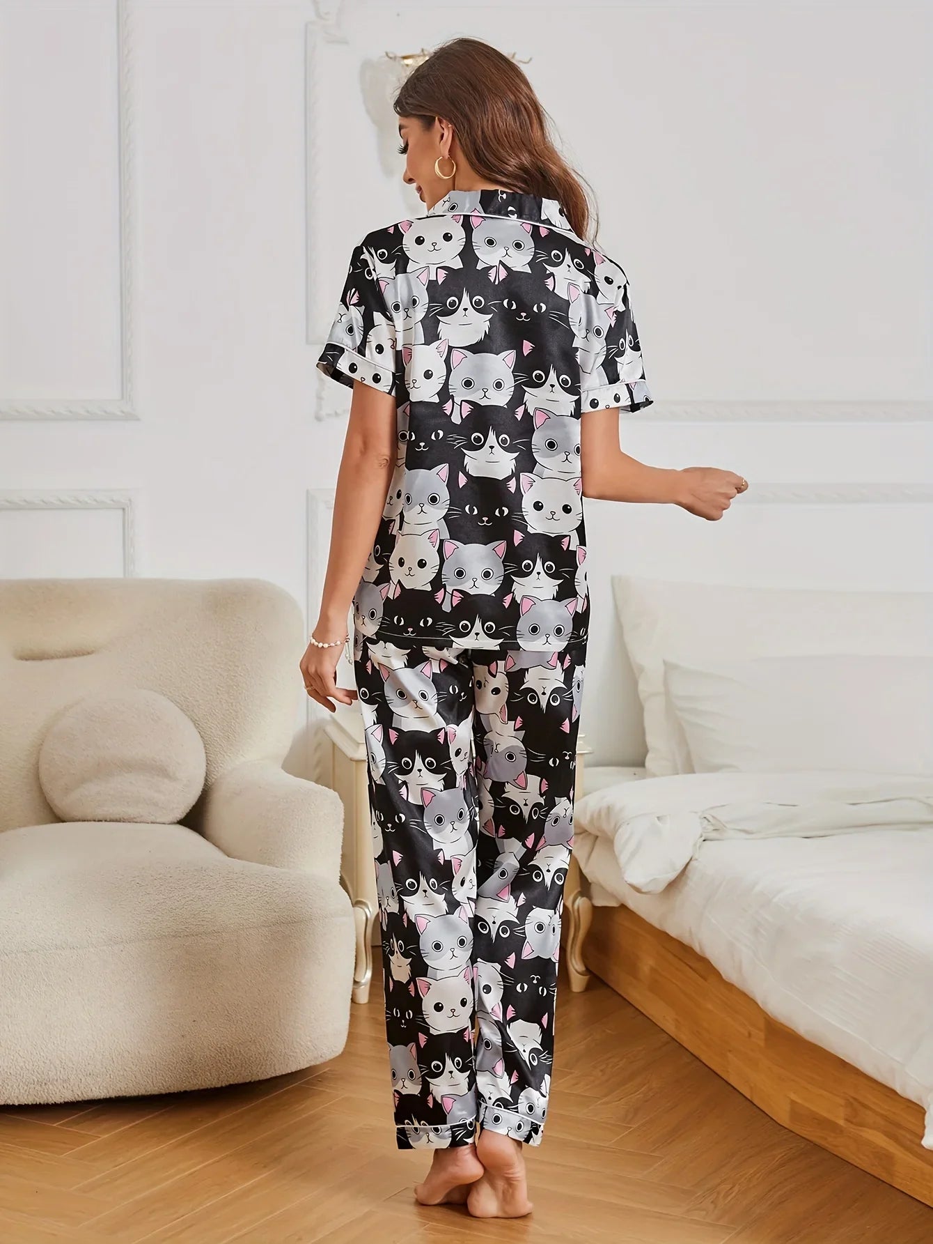Cartoon Cat Print Pajama Set — Black by The Mississippi Mermaid Mercantile - view 6